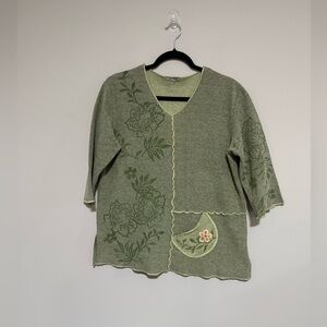 Vintage 90s Focus Green Painted Floral Knit Top Size Small Artsy Fairy Boho